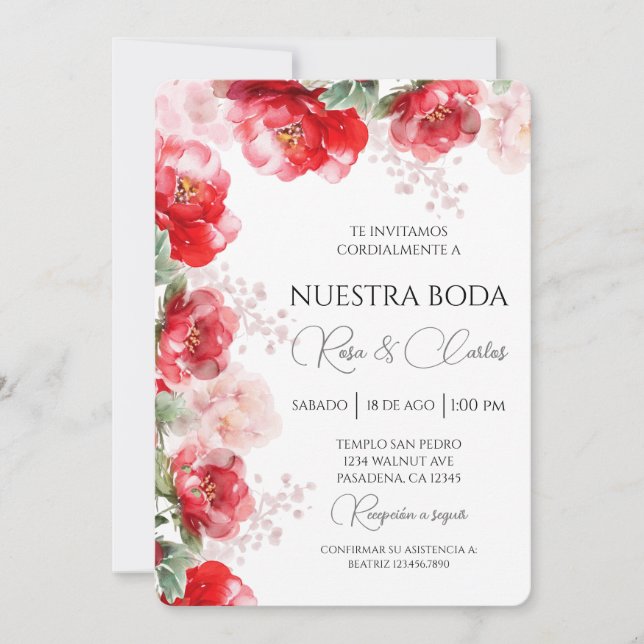 Water colored Rose Spanish Wedding Invitation (Front)