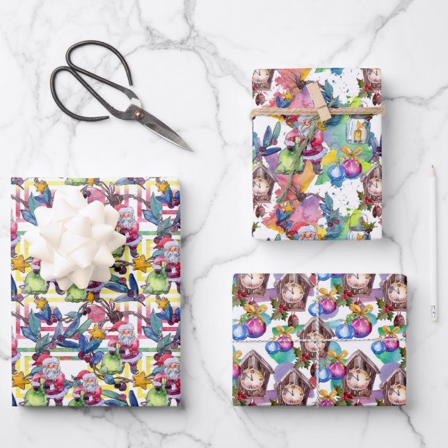 Water Colour Christmas Santa Clock Pastel Wrapping Paper Sheets (Front)