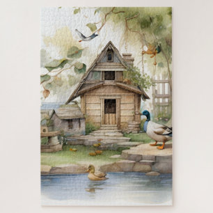 Water-colour Ducks  Country Garden Pond Scene 1 Jigsaw Puzzle