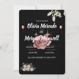 Water colour pink wildflower Floral black wedding Invitation