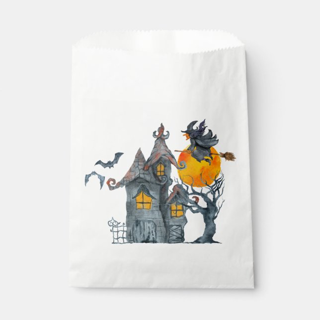 Water colour Witch and spooky  house Halloween Favor Bag (Front)