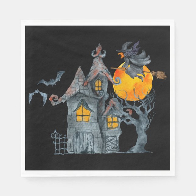 Water colour Witch and spooky  house Halloween Napkins (Front)