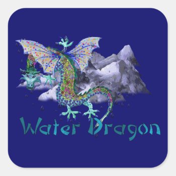 Water Dragon Square Sticker by Crazy_Card_Lady at Zazzle