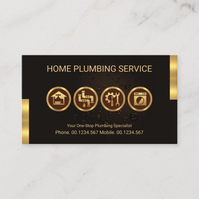 Water Drop Leakage Gold Plumbing Tools Motif Business Card (Front)
