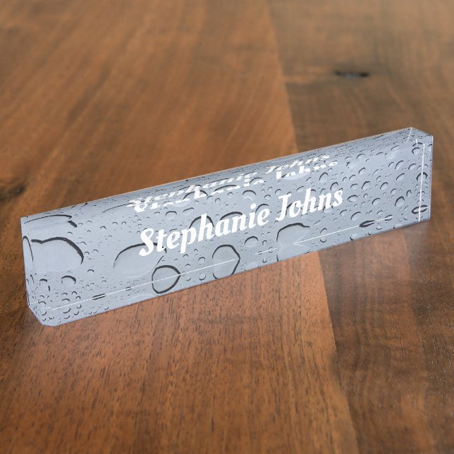 Water Droplet Abstract Pattern Grey White Monogram Desk Name Plate (Side)