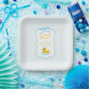 Water Droplets Gingham Boy Baby Shower Paper Plates