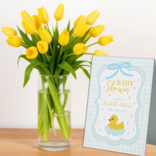 Water Droplets Gingham Boy Baby Shower Welcome Table Tent (Creator Uploaded)
