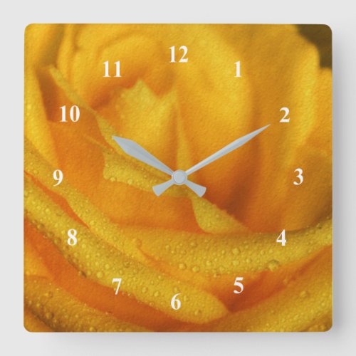 Water Droplets on Elegant Yellow Rose Square Wall Clock