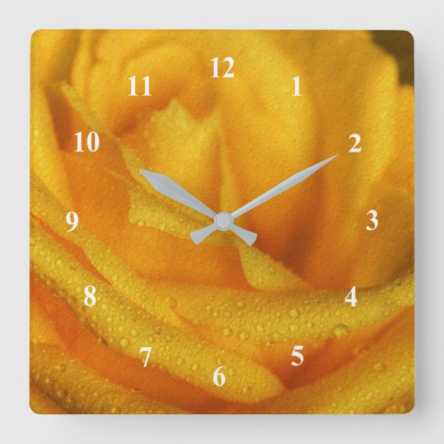 Water Droplets on Elegant Yellow Rose Square Wall Clock (Front)