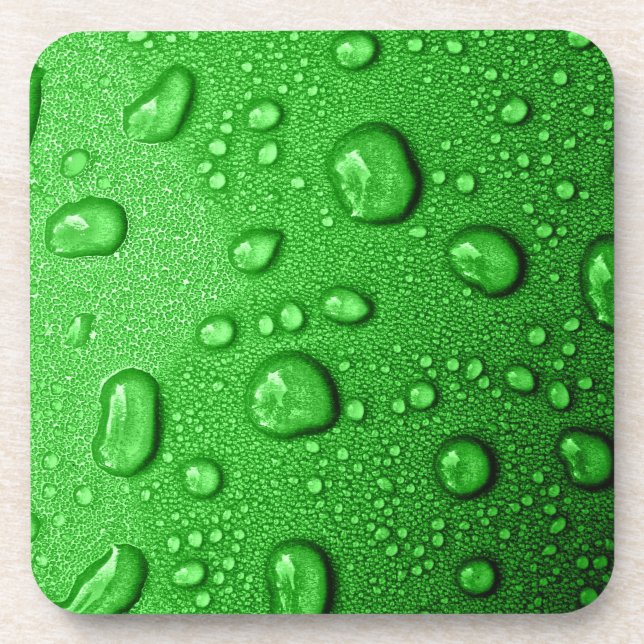 Water droplets on green background, cool & wet beverage coaster (Front)