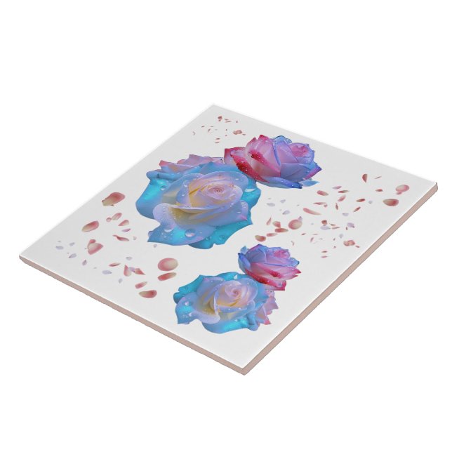 Water Droplets on Pink & Blue Roses on White | Ceramic Tile (Side)
