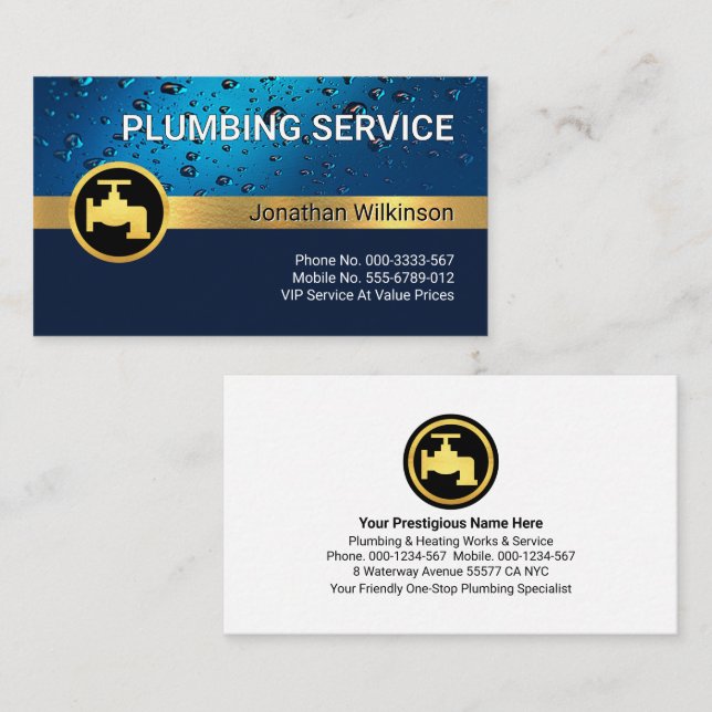 Water Drops Blue Layer Gold Faucet Business Card (Front/Back)