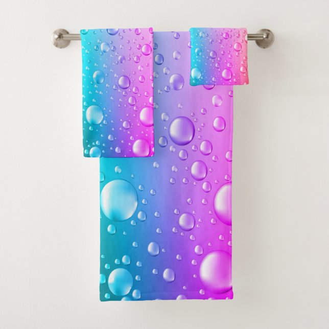 Water Drops Hot Pink & Aqua Blue Gradient Bath Towel Set (Insitu)