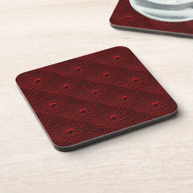 Water Drops on Crimson Metal Beverage Coaster (Left Side)