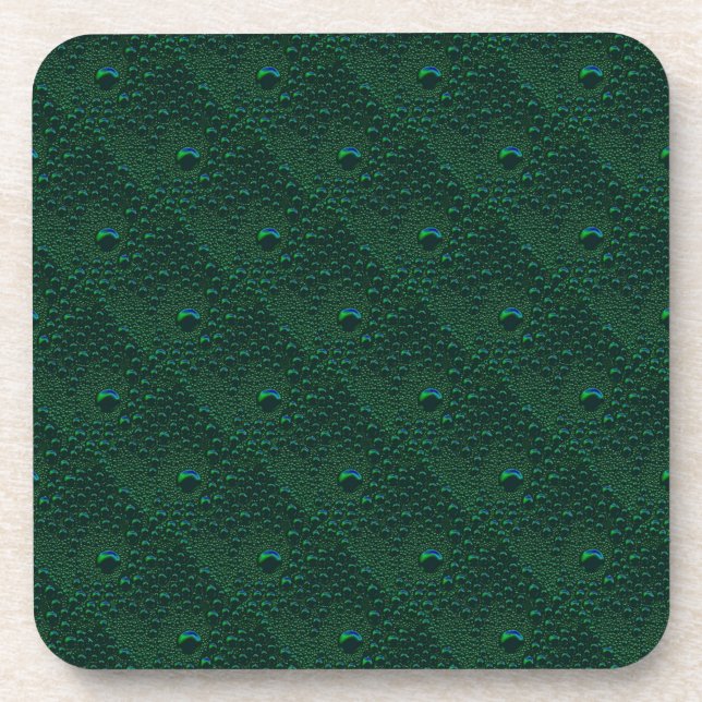 Water Drops on Green Metal Beverage Coaster (Front)