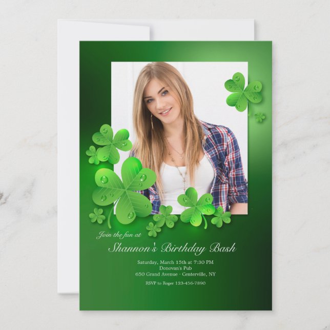 Water Drops on Shamrocks Photo Invitation (Front)