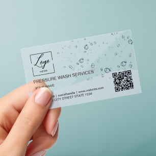 Water drops Pressure wash premium Qr code Clear Business Cards