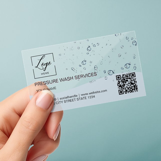 Water drops Pressure wash premium Qr code Clear Business Cards (Handheld)