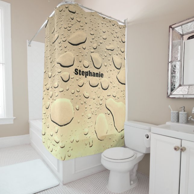Water Drops Sepia Gold Abstract Custom Name Cute Shower Curtain (In Situ)