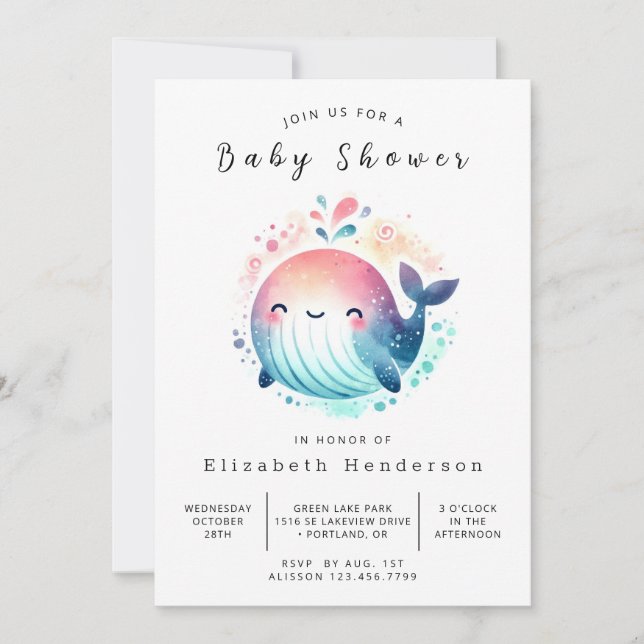  Water Editable Whale Baby Shower Invitation (Front)