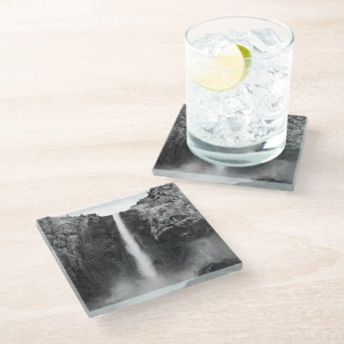 Water Falls Bridalveil Black and White Photography Glass Coaster