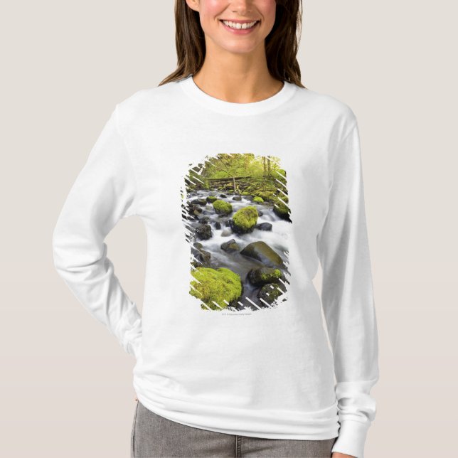 Water Flowing By Moss Covered Rocks In A Stream T-Shirt (Front)