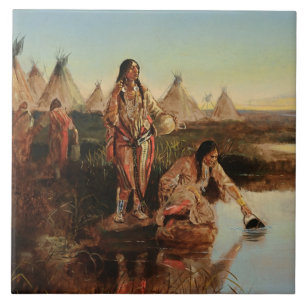 “Water For Camp” Cowboy Art by Charles Russell Ceramic Tile