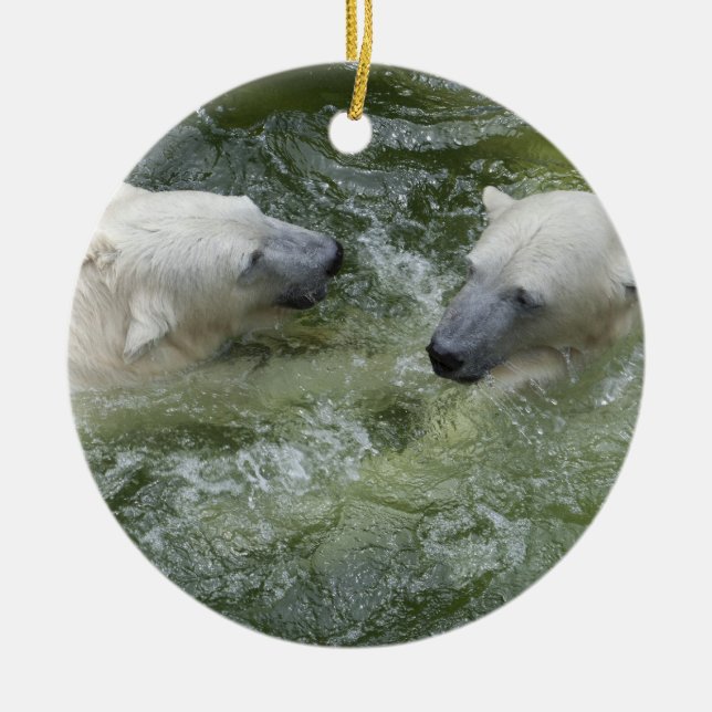 Water Fun Polar Bears Ceramic Ornament (Front)