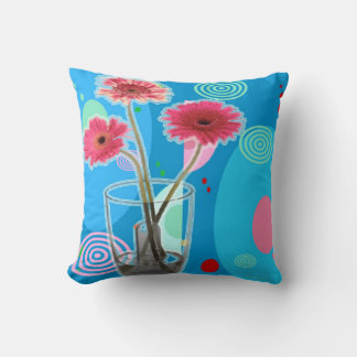 Water Glass Flowers – Sky Blue & Red Roses Throw Pillow