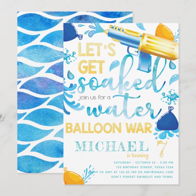 Water Gun Balloon War Boy Birthday Party Invitation (Front/Back)