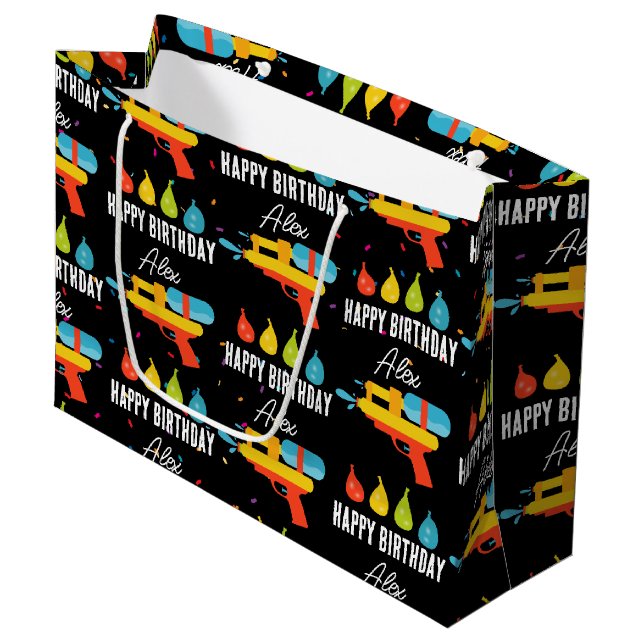 Water Gun & Balloons Summer Birthday Party Large Gift Bag (Front Angled)