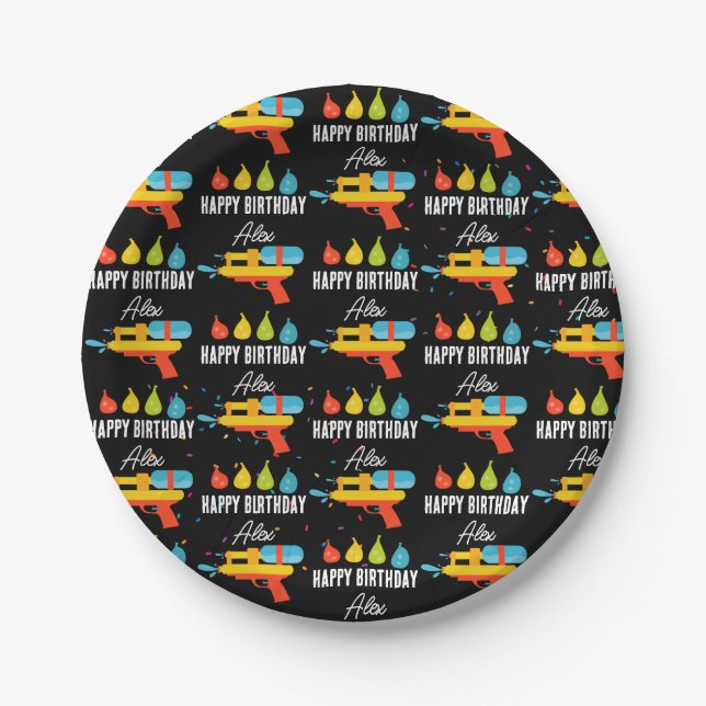 Water Gun & Balloons Summer Birthday Party Paper Plates (Front)