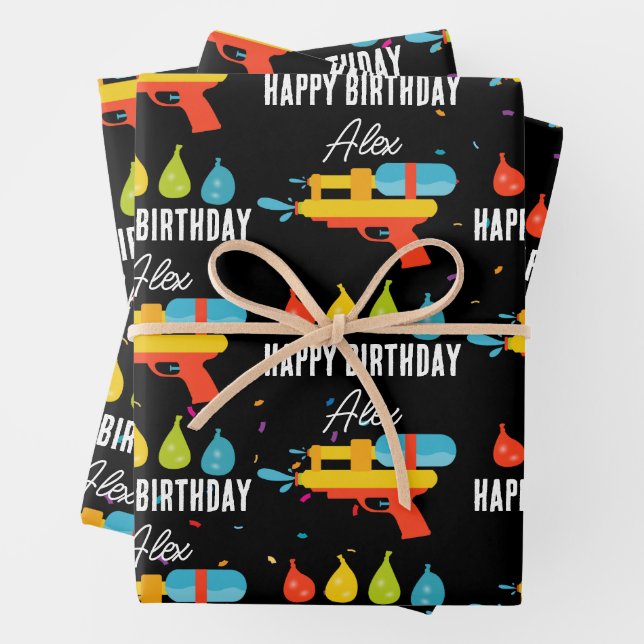 Water Gun & Balloons Summer Birthday Party Wrapping Paper Sheets (In situ)