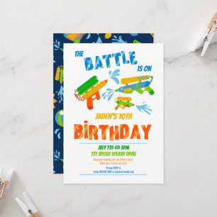 Water Gun Battle Pool Party Kids Summer Birthday Invitation