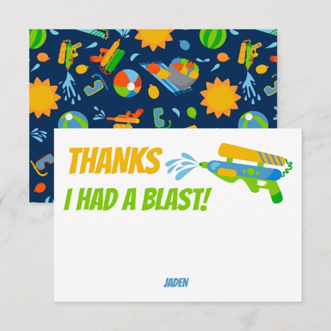 Water Gun Battle Pool Party Kids Summer Birthday Thank You Card (Front/Back)