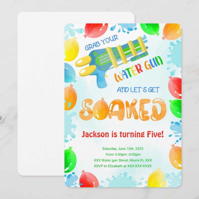 Water Gun Birthday Invitations  (Front/Back)