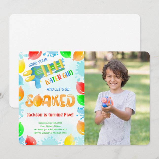 Water Gun Birthday Photo Invitations  (Front/Back)