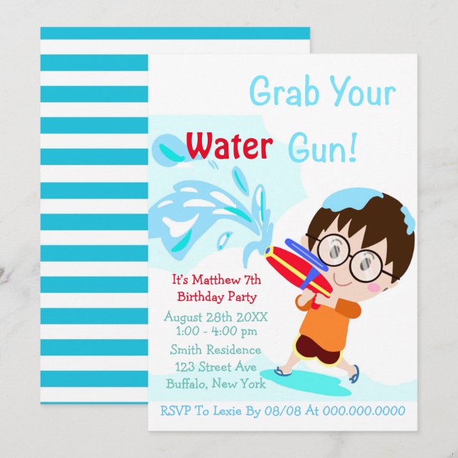 Water Gun Boy Birthday Party Invitations  (Front/Back)