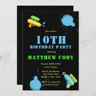 Water Gun Splash Boy 10th Birthday Party Invites
