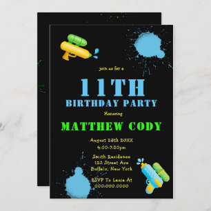 Water Gun Splash Boy 11th Birthday Party Invites