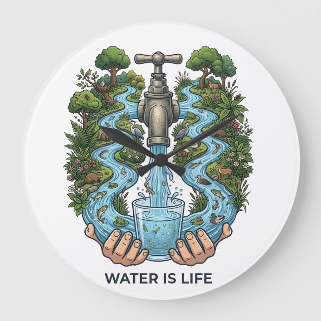Water Is Life | Nature Ecosystem Conservation Art Large Clock (Front)