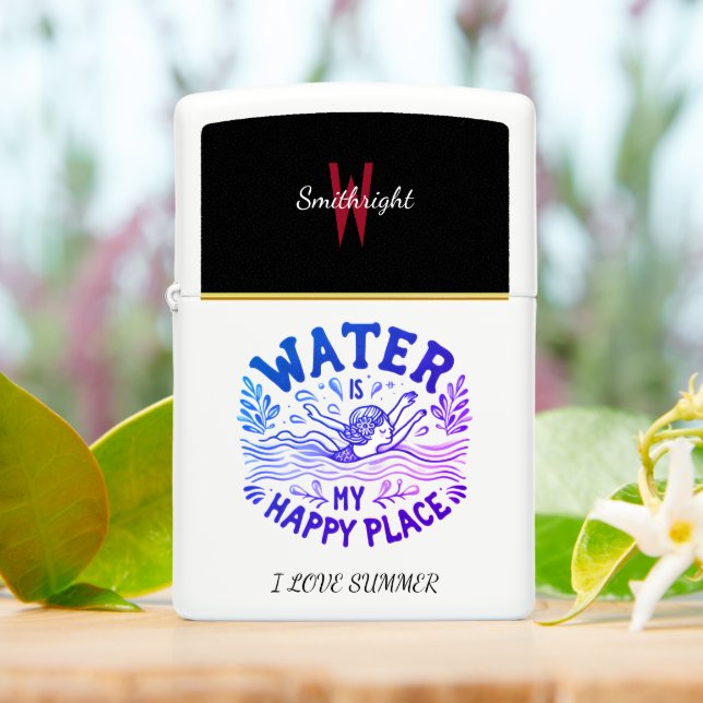 Water Is My Happy Place Blissful Aquatic Escape  Zippo Lighter (On Table)