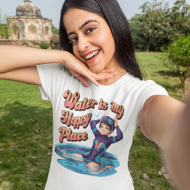Water Is My Happy Place Woman Wearing Wet Suit T-Shirt (Creator Uploaded)