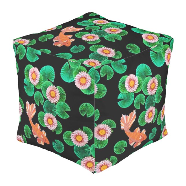 Water Lilies and Koi Fish Cube Pouf (Angled Front)