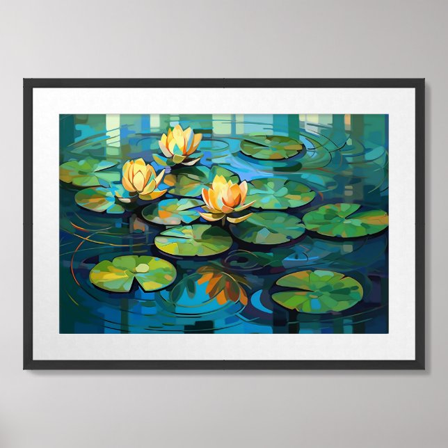 Water lilies and lotus flowers watercolor painting framed art (Framed Front)