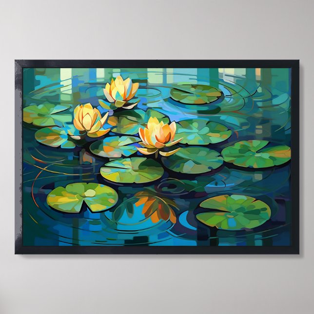 Water lilies and lotus flowers watercolor painting framed art