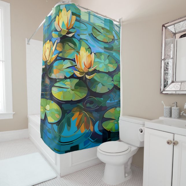Water lilies and lotus flowers watercolor painting shower curtain (In Situ)