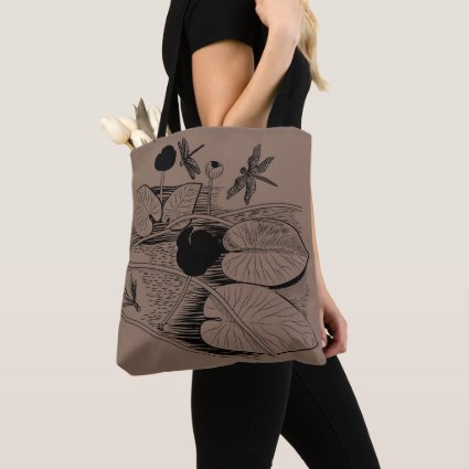 Water-lilies black engraving tote bag