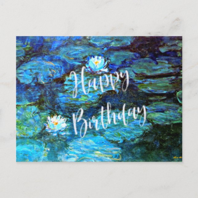 Water Lilies (blue), Birthday Greetings Postcard (Front)