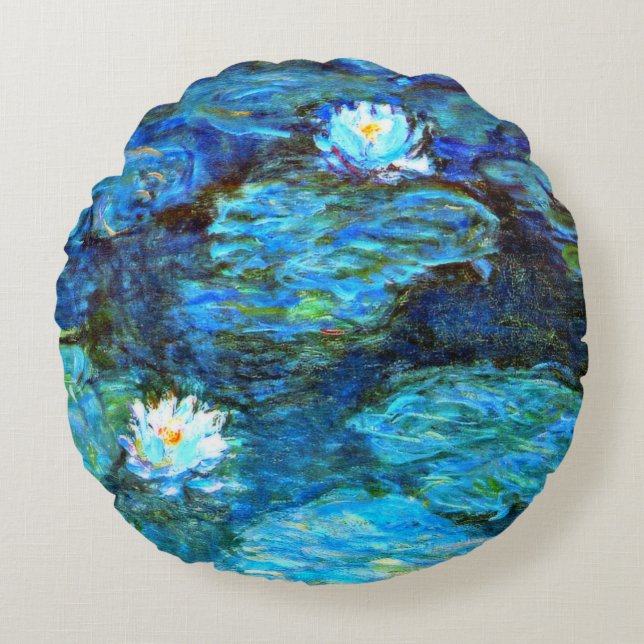 Water Lilies (blue) by Claude Monet Round Pillow (Front)